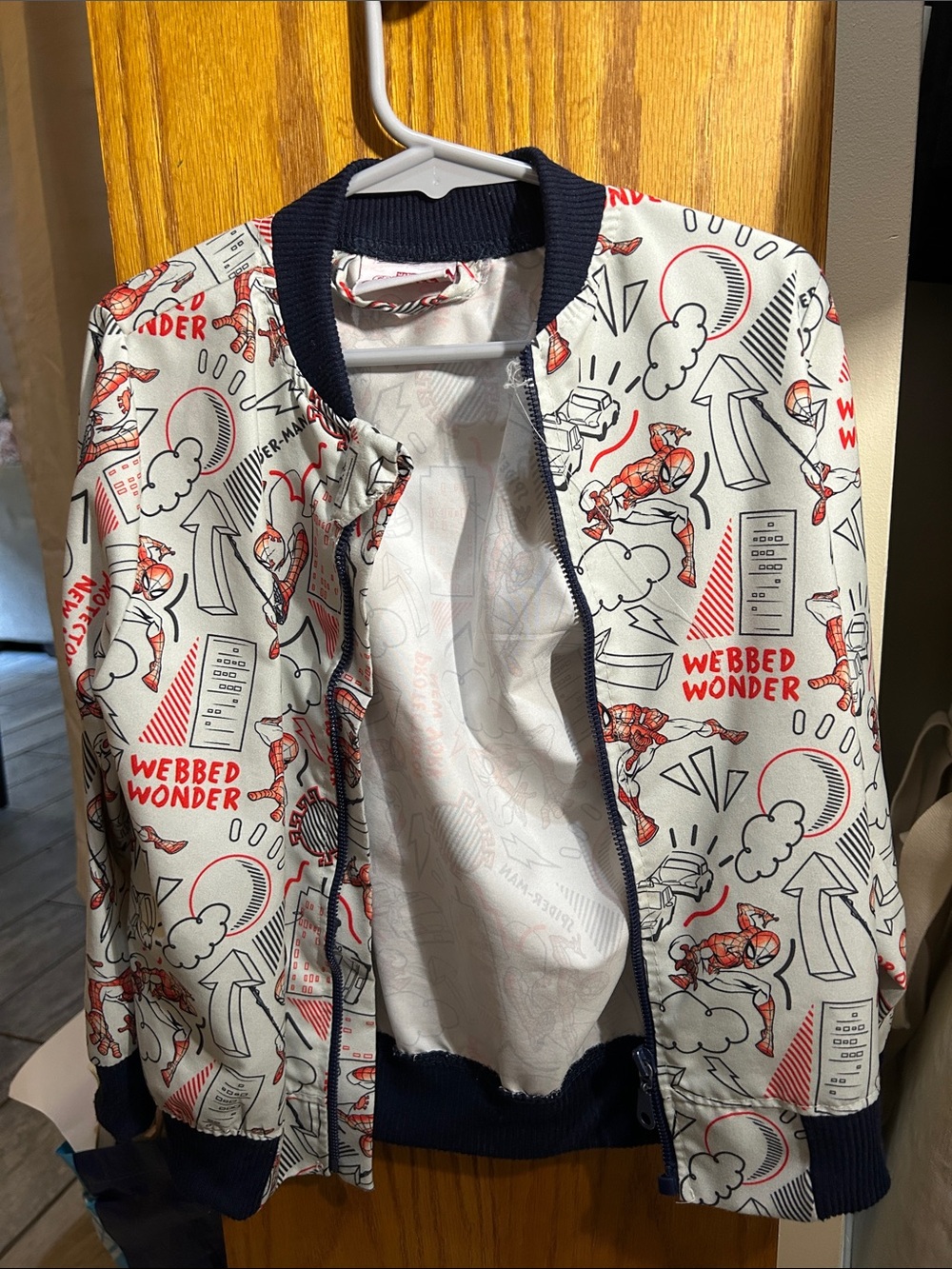 Kids 'Webbed Wonder' Spider Print Bomber Jacket - White & Navy